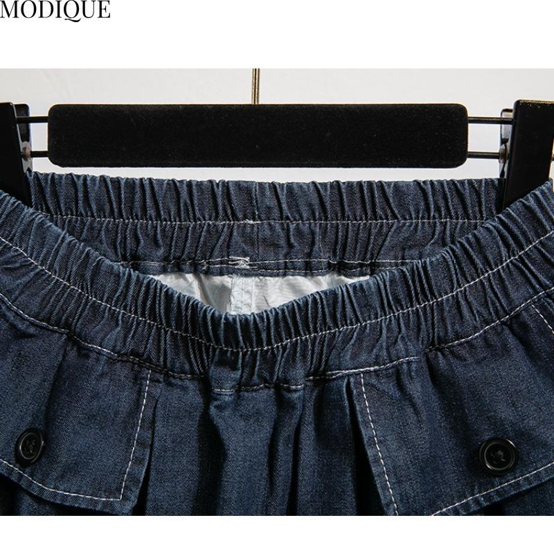 MODIQUE 2025 Nou Mărimi Mari Vară Femei Bumbac Elastic Spălare Pantaloni Treisfert Albastru Denim Fustă Plisată Dama Pantaloni Scurți Basic Casual Largi