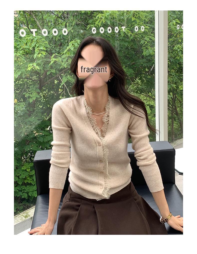 Women's V-Neck Lace Trim Cashmere Cardigan - Long Sleeve Knit Sweater for Autumn and Winter