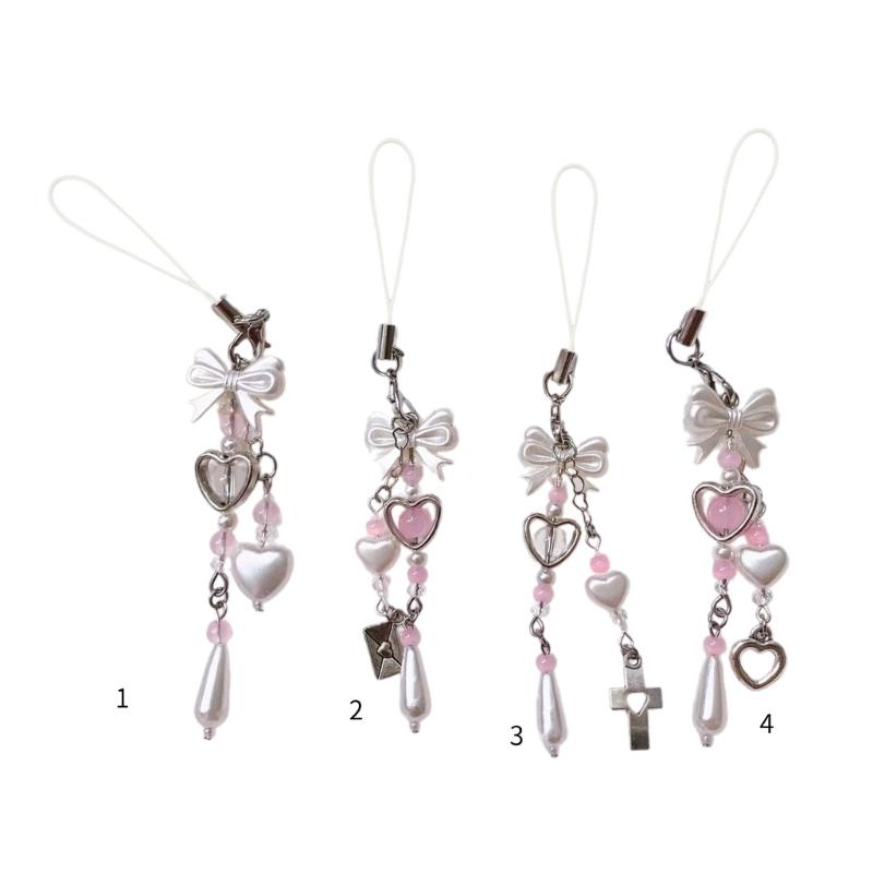Sweet Bowknot Phone Chain Ornament Heart Beaded Cellphone Pendant Phone Lanyard Bag Ornament for Fashion Individuals