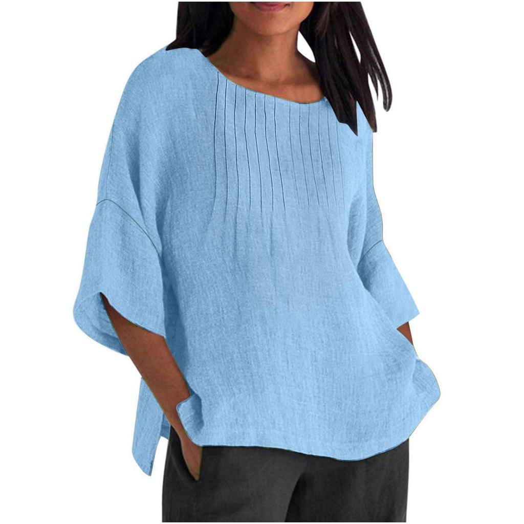 Seven Quarter Sleeve Pleated Round Neck Top Cotton and Linen Women’s Blouses & Shirts