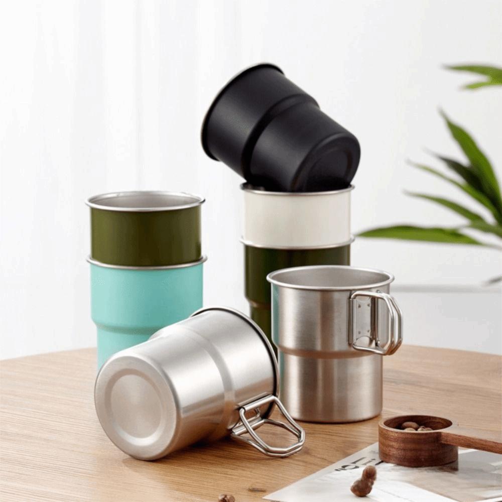 Multi-Purpose Portable Camping Mug 300ML 304 Stainless Steel Beer Mug Collapsible Handle Water Cup Outdoor Camping Travel Use