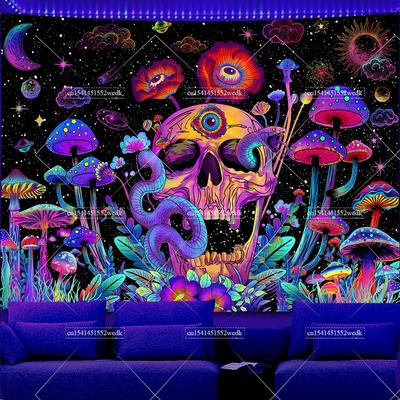 Skeleton Eye Blacklight Mushroom Tapestry UV Reactive Sun And Moon Neon Tapestrys Glow In The Dark Aesthetic Room Decor Posters