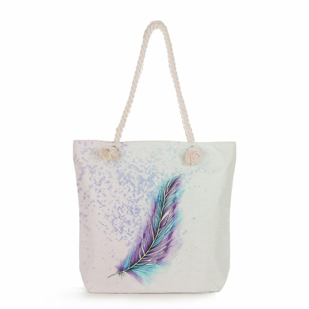 Feather print thick rope single-shoulder beach bag 7221