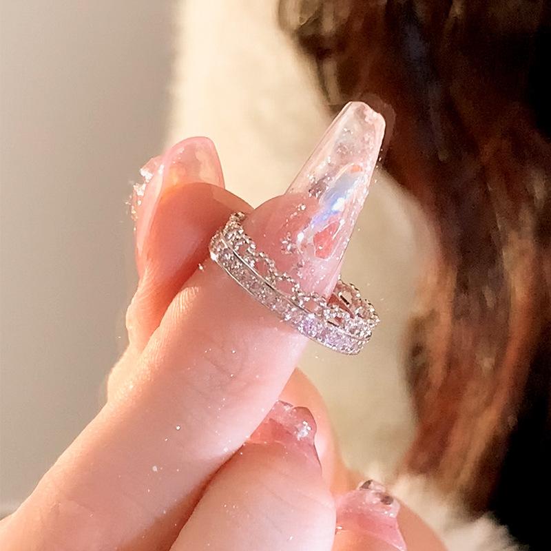 Kpop Pink Zircon Heart Open Ring For Women Girls Luxury Blue Opal Heart Couple Finger Rings Wedding Y2K Jewelry