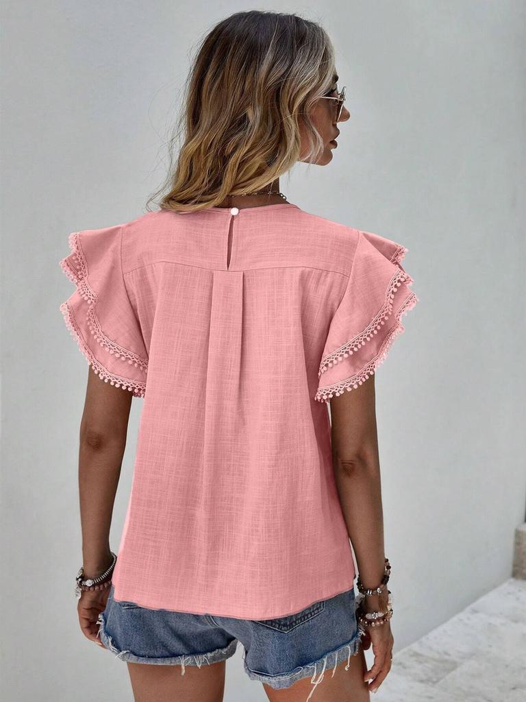 Women's Casual Round Neck Loose Summer Shirt with Ruffles Batwing Sleeves Short Sleeve Top for Women