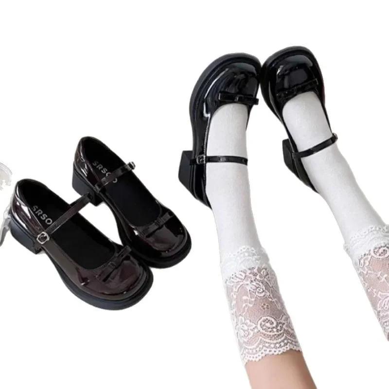 Retro Mary Jane Shoes Women's Chunky Heel Butterfly Knot Japanese JK Style Brown Buckle Strap Simple Design Summer Shoes