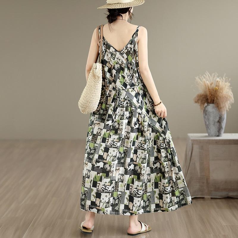 Sleeveless Strap Cotton Vintage Floral New In Dresses For Women Casual Loose Long Summer Dress Elegant Clothing