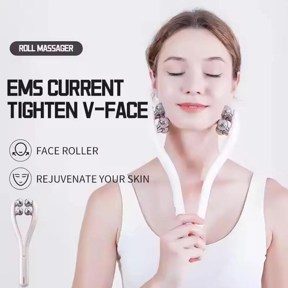 New Professional EMS Dual-Roller Facial Massager - Microcurrent Neck Firming Device with V-Lift Technology for Home Beauty Care