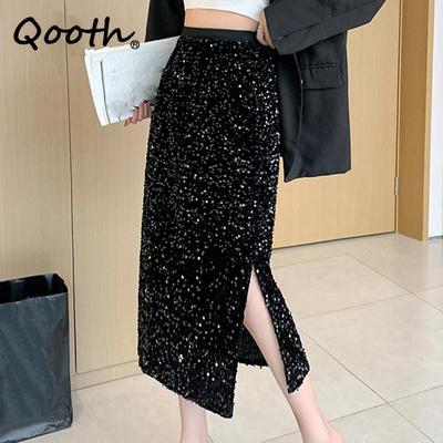 Autumn Elastic Waist Velvet Sequin Skirt Elegant Vintage Sexy High Waist A-line Split Skirt QT1988