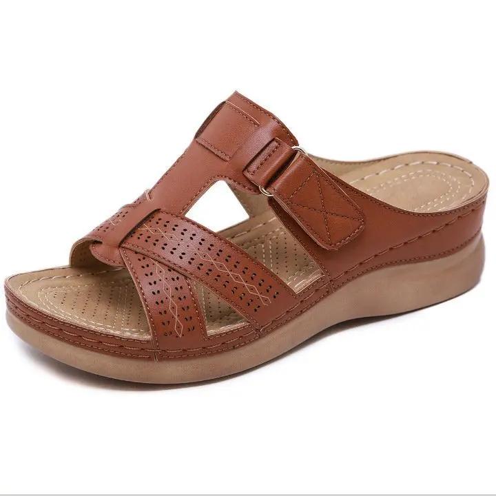 Zomer Dames Sleehak Sandalen Premium Orthopedische Open Teen Sandalen Vintage Antislip PU Leer Casual Dames Platform Schoenen 39 brown