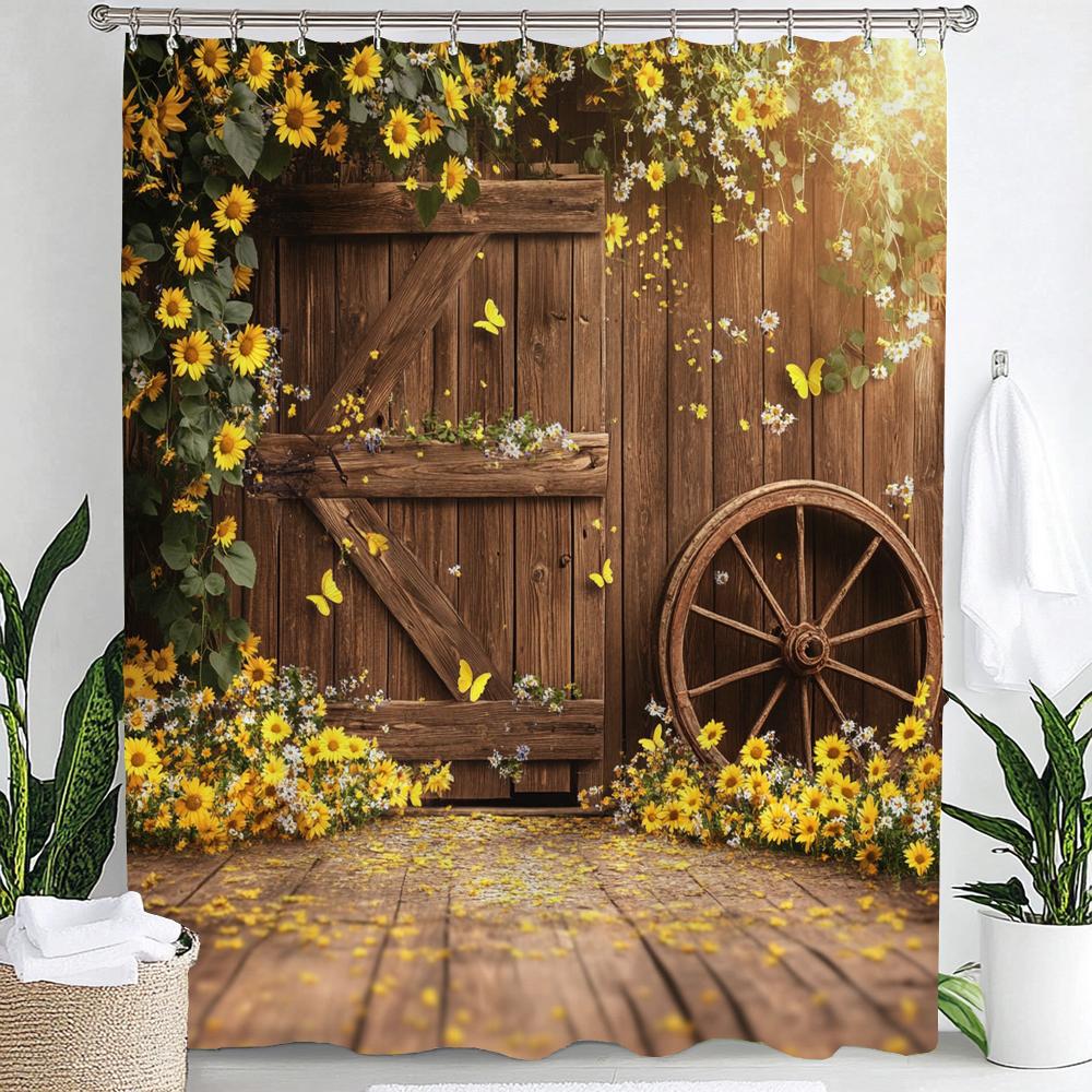 1pc Country Farm Barn, Flower Sunflower Print Waterproof Shower Partition Privacy Hanging Curtain with Hooks Machine Washable