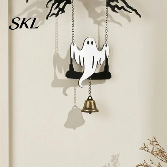 Halloween Door Decoration Ghost Swing Bat WELCOME Wind Chime, Bell with Vintage Copper Front Hanging Tag Bells, Rustic Wooden Ornament for Haunted