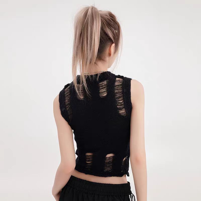 Fashion Sleeveless Sexy Women Ripped Design Shirt O-neck Loose Casual Hollow Out New Casual O Neck Vest Slim Fit Knitted Hole Star TopsY2k Tank Top