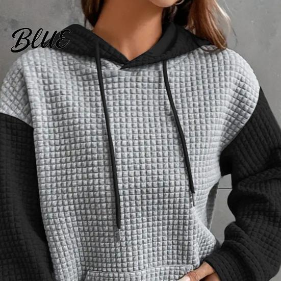 Drawstring Hooded Sweatshirt Fall Winter Women Hoodie Color Matching Waffle Texture Long Sport Top Sleeveless Big