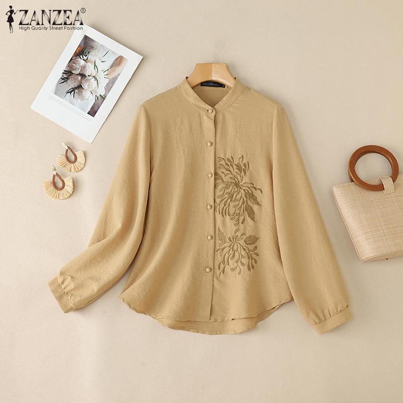 ZANZEA Women Casual Stand Collar Loose Long Sleeve Embroidery Blouse