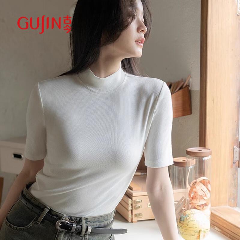GUJIN Women's Stand-Up Collar Slim Fit Half Sleeve T-Shirt