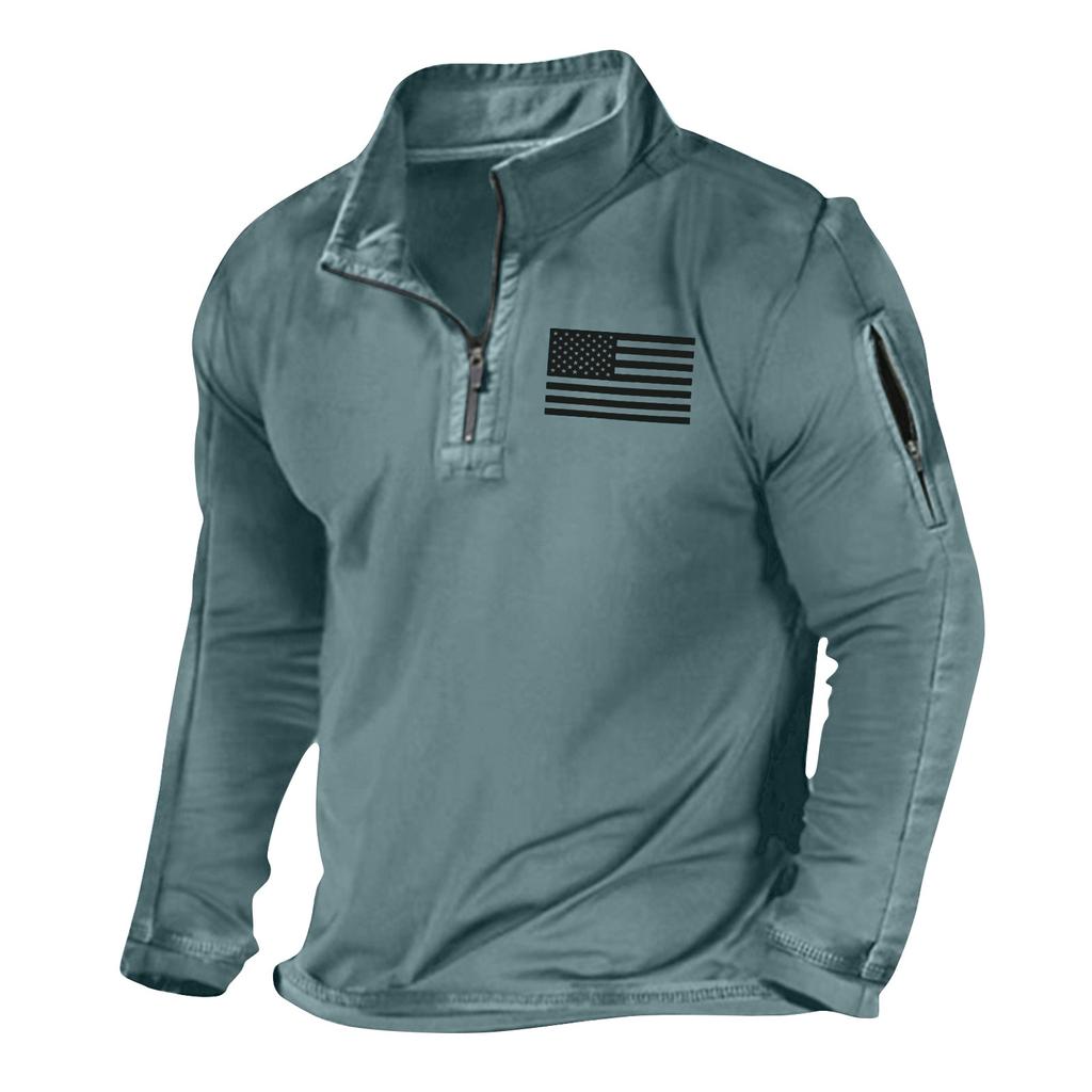 Men's Solid Color Flag Printed Loose Half Zippered Standing Neck Hoodie Men's Casual Sports Hoodies
