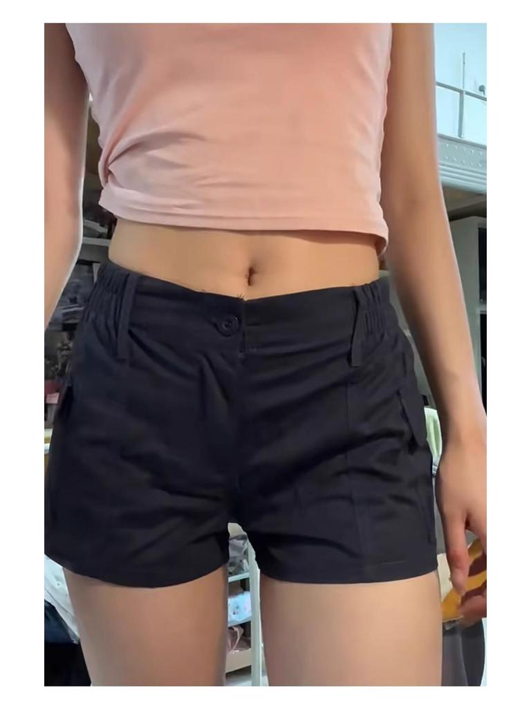 Women's Navy Blue Elastic Waist Cargo Shorts - Summer Fitness Hot Pants