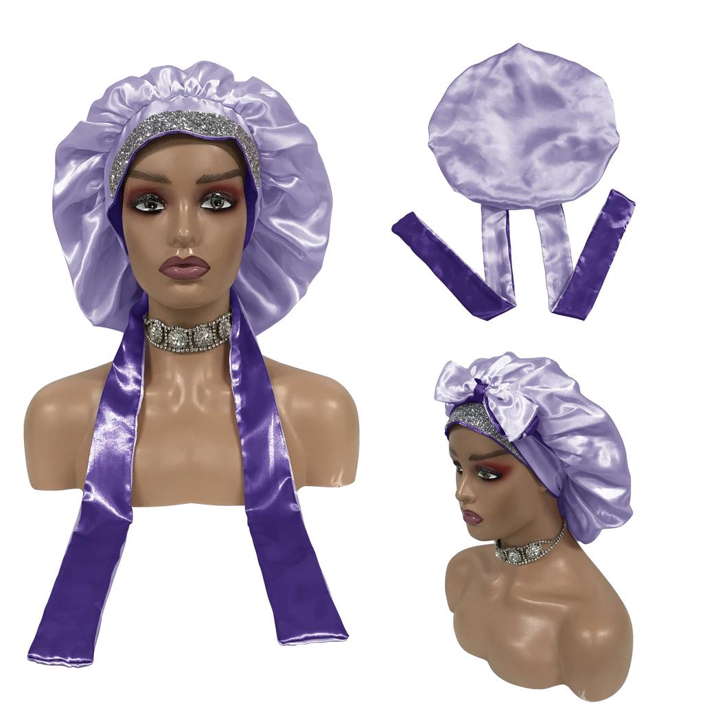 Double Layer Sleeping Bonnet with Diamond Silk Designer Bonnets with Long Tie Satin Hair Bonnet