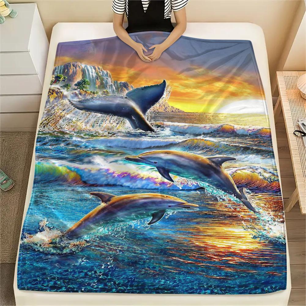 1Pc Dolphins Print Flannel Blanket, High Quality Comfortable for All Seasons, Home Decor, Warmth and Comfort, Perfect for Christmas Gifts