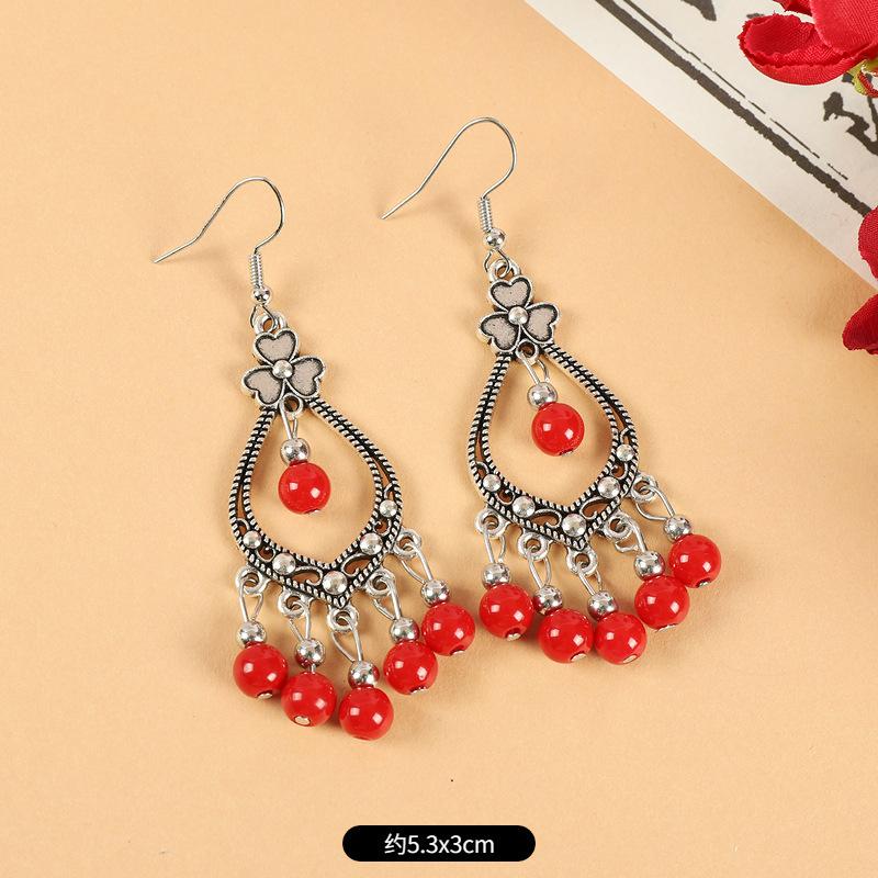 Retro Ethnic Style Earrings Women's Red Long Fringed Bohemian Earrings Yunnan Vacation Exotic Wind Ears