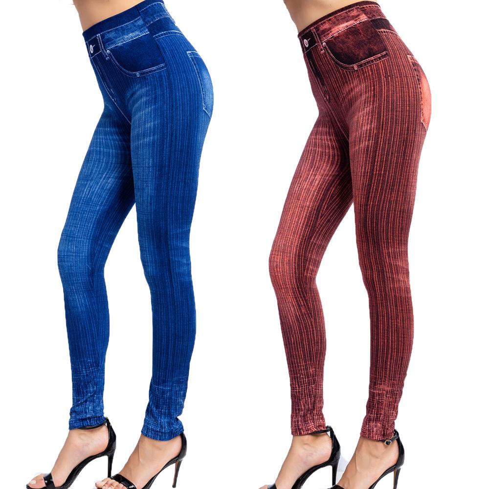 Übergröße Mode Sportliche Leggings Damen Übergröße Denim-Print Hoher Bund Leichte Dehnung Capri-Leggings