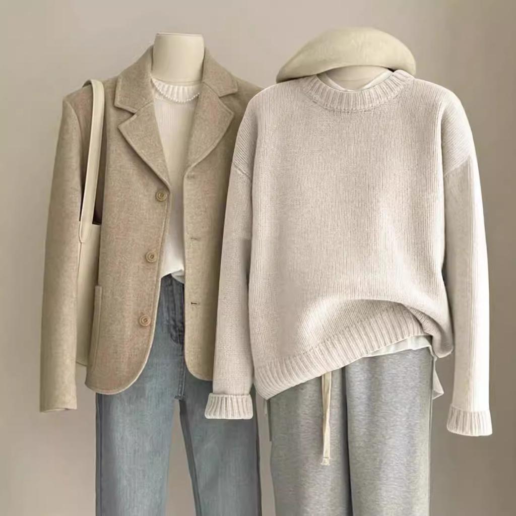 Autumn and Winter Women Soft Waxy Round Neck Cashmere Sweater Women's Loose Sweater Autumn and Winter Short Base Sweater