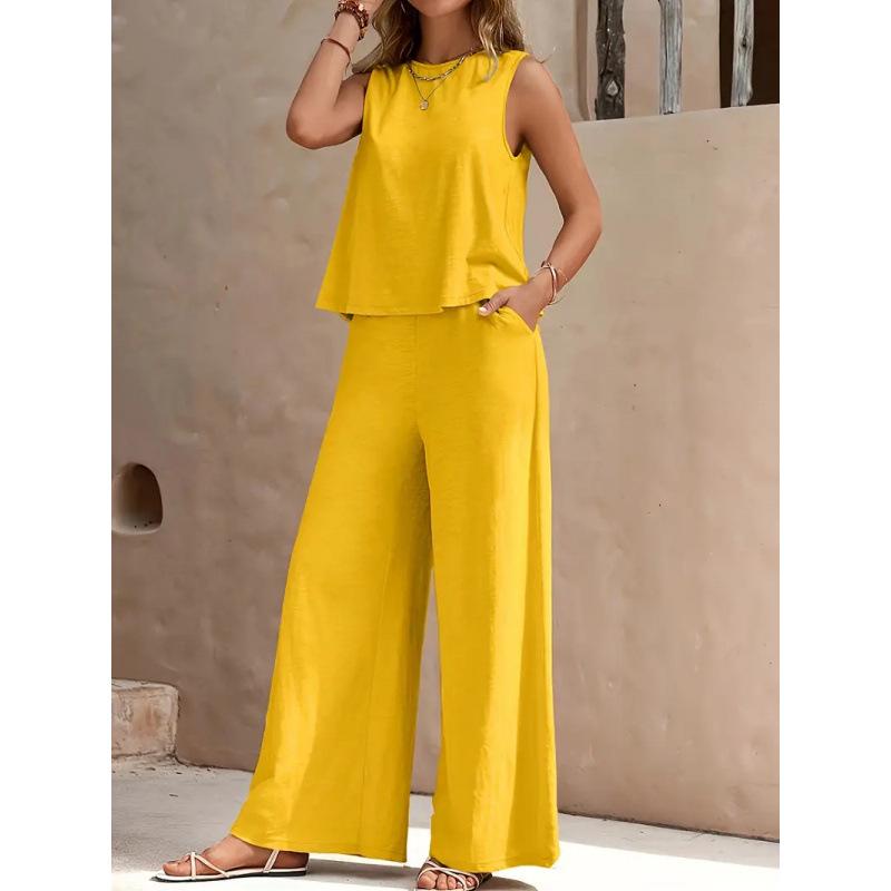 2025 Elegant Solid Color Two-Piece Set: Crew Neck Tank Top & Wide-Leg Pants for Women