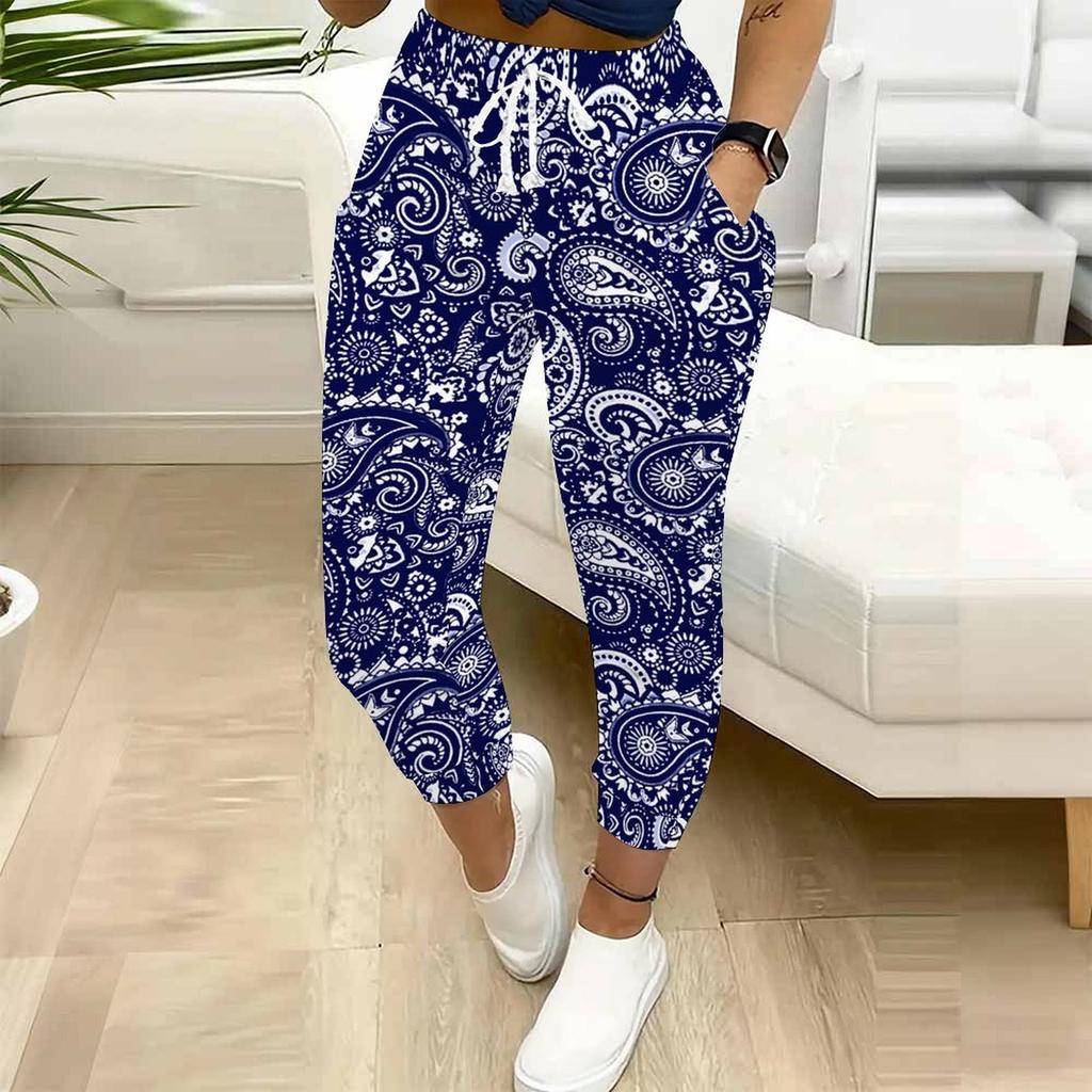 Pantaloni della tuta da donna estivi con stampa a fantasia vintage, vestibilità larga, con coulisse, polsini elasticizzati, pantaloni casual da giorno