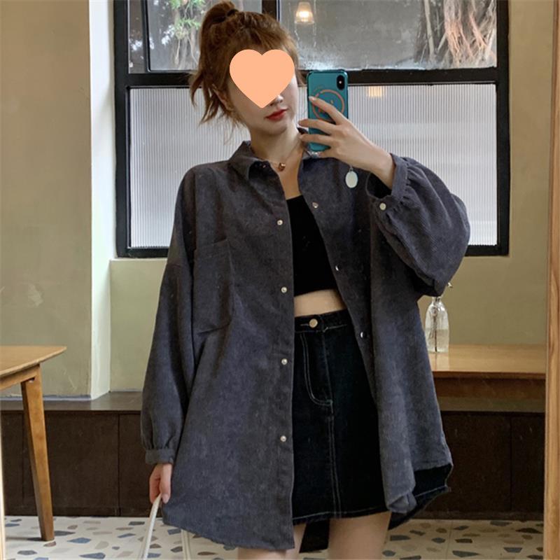 Women's Retro Korean-Style Corduroy Shirt - Long Sleeve, Loose Fit, Hong Kong Chic