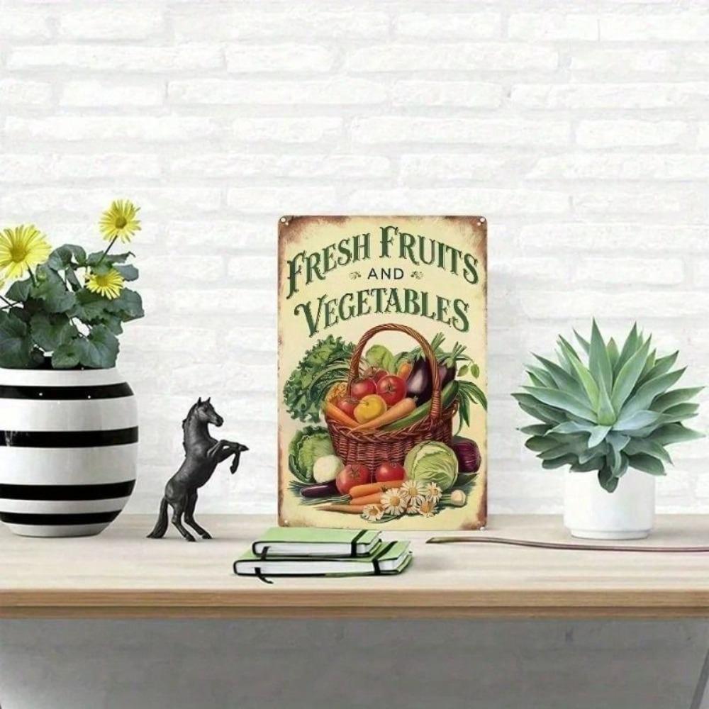 Vintage Metal Tin Sign Wall Art Basket Rustic Farmhouse Kitchen Decor