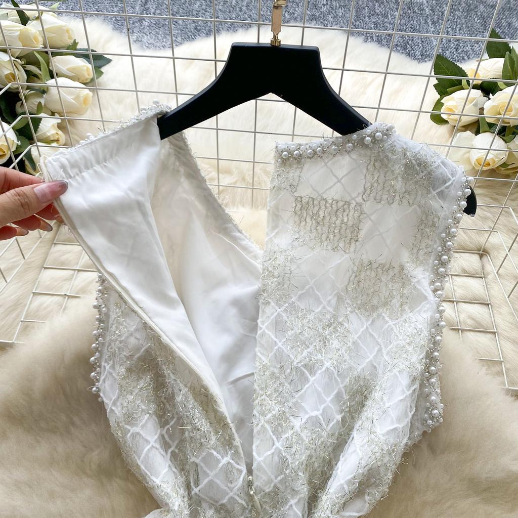 Summer Women Elegant Sleeveless Luxury Beading Plaid Lace Diamond Bowtie Mini Short Fairy Party Pencil Dresses