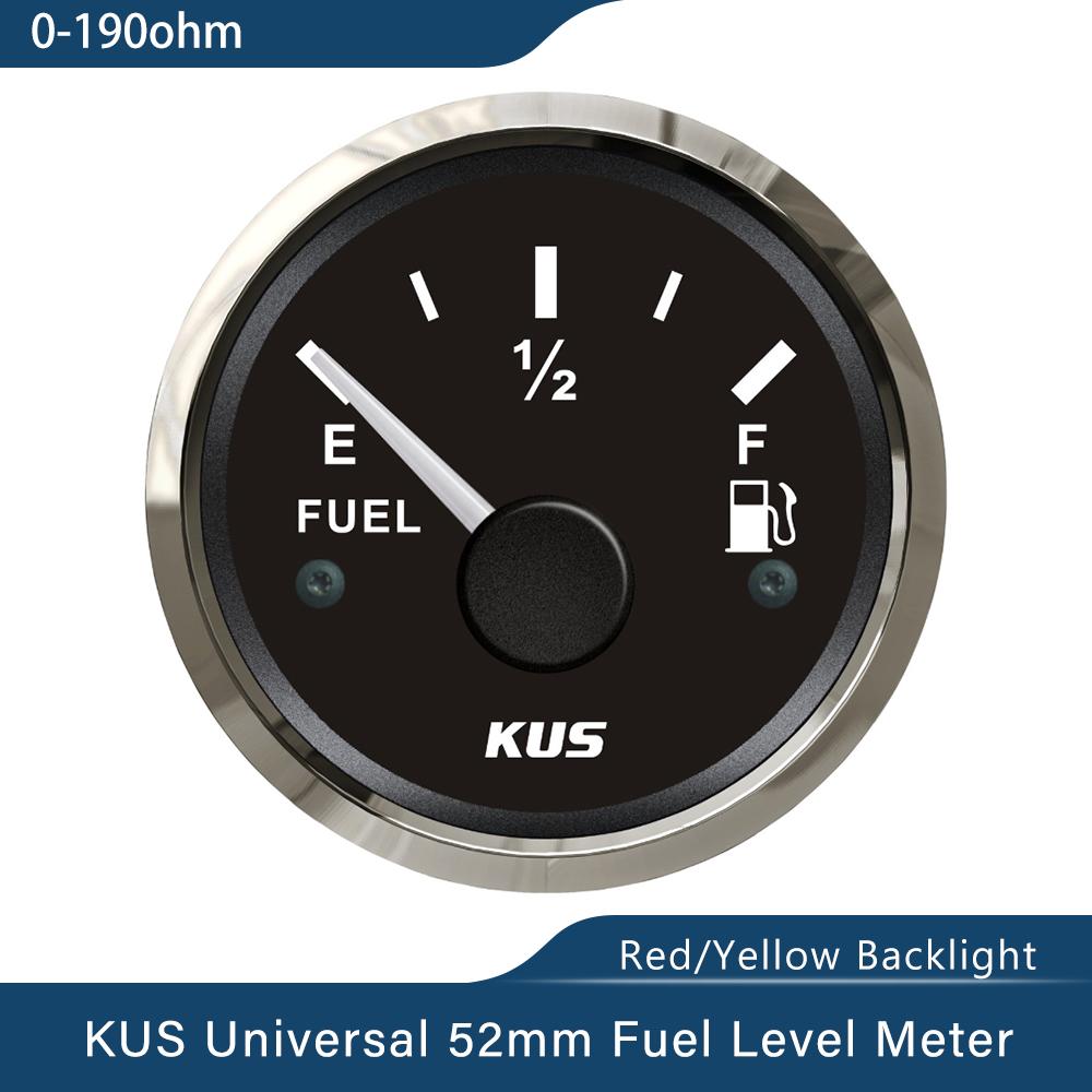 KUS New 52mm Auto Marine Fuel Oil Level Gauge Meter 0-190 ohm 240-33ohm with Red Yellow Backlight 12V/24V for Car Boat