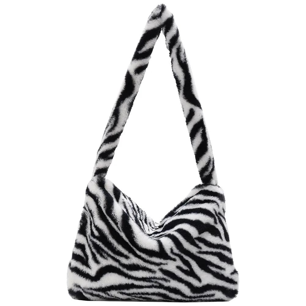 Women Bag Autumn Winter Flower Printed Underarm Bag Fluffy Tote Bag Plush Soft Handbags Ladies Large Capacity Furry Shoulder Bag