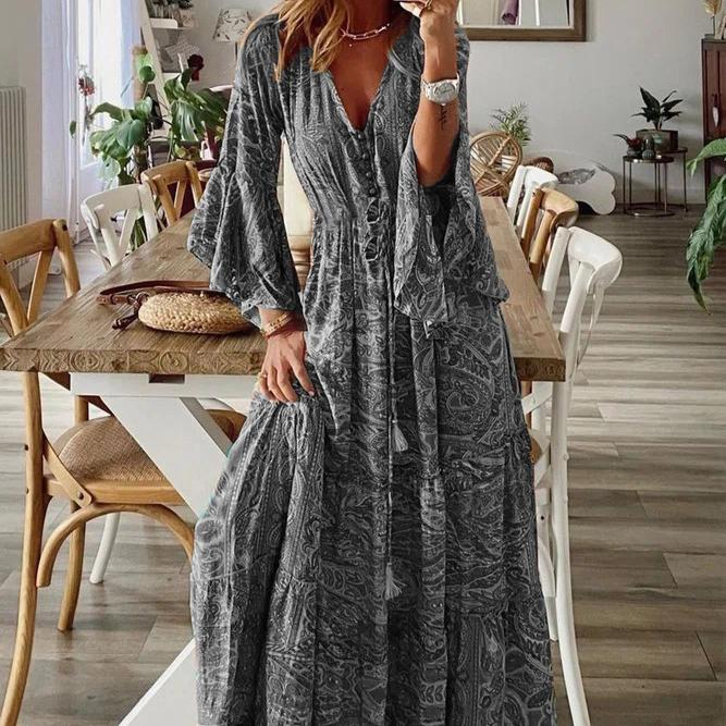 Bohemian Style Flared Sleeve Print V-neck High Waisted Vacation Dress with Floral Detailing for Women