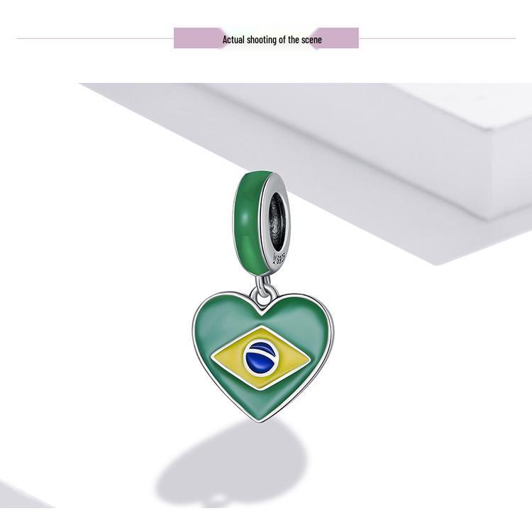 S925 Silver Brazilian Flag Heart Pendant with Green Enamel Drip