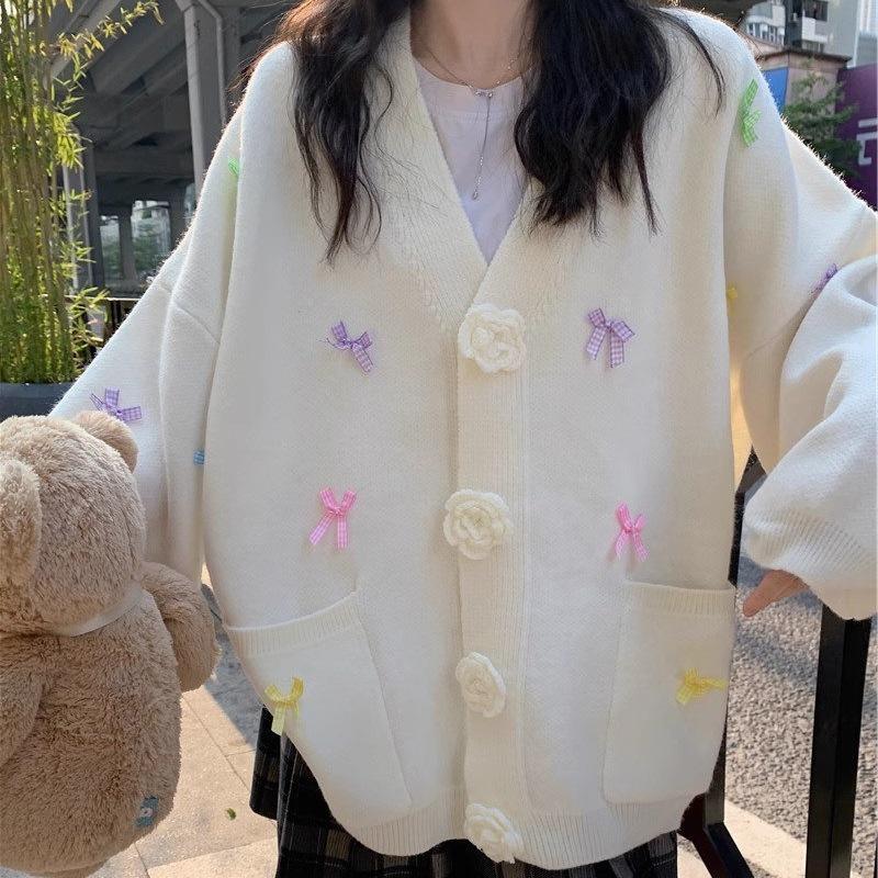 2025 Autumn/Winter Loose Candy Color V-Neck Knit Cardigan with 3D Flower Bow for Women