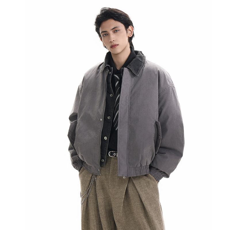 

Acrardic Winter Denim Patchwork Faux Two-Piece Short Cotton Jacket for Men, Vintage Cool and Stylish, Warm and Thick Cotton Coat Gray 2XL