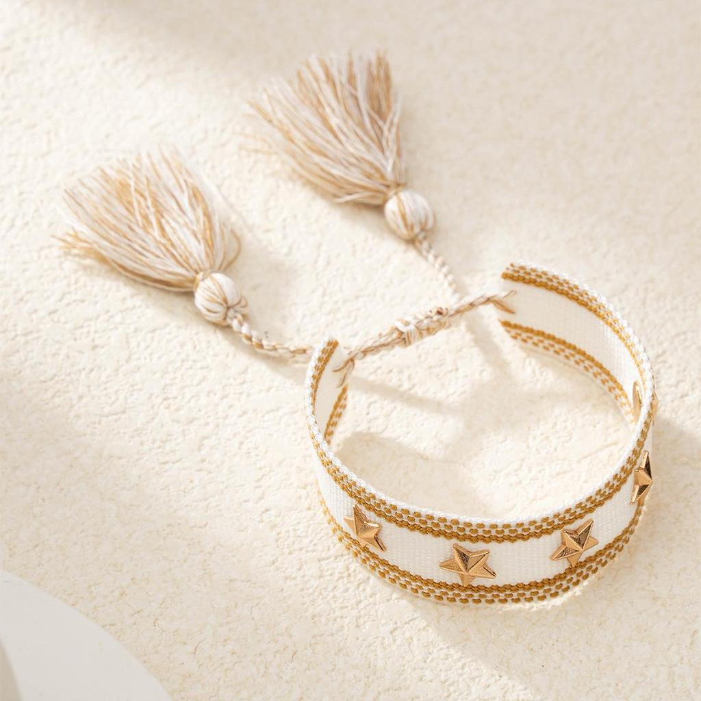 Gold Heart-Shaped Rivet Woven Friendship Bracelet with Tassel