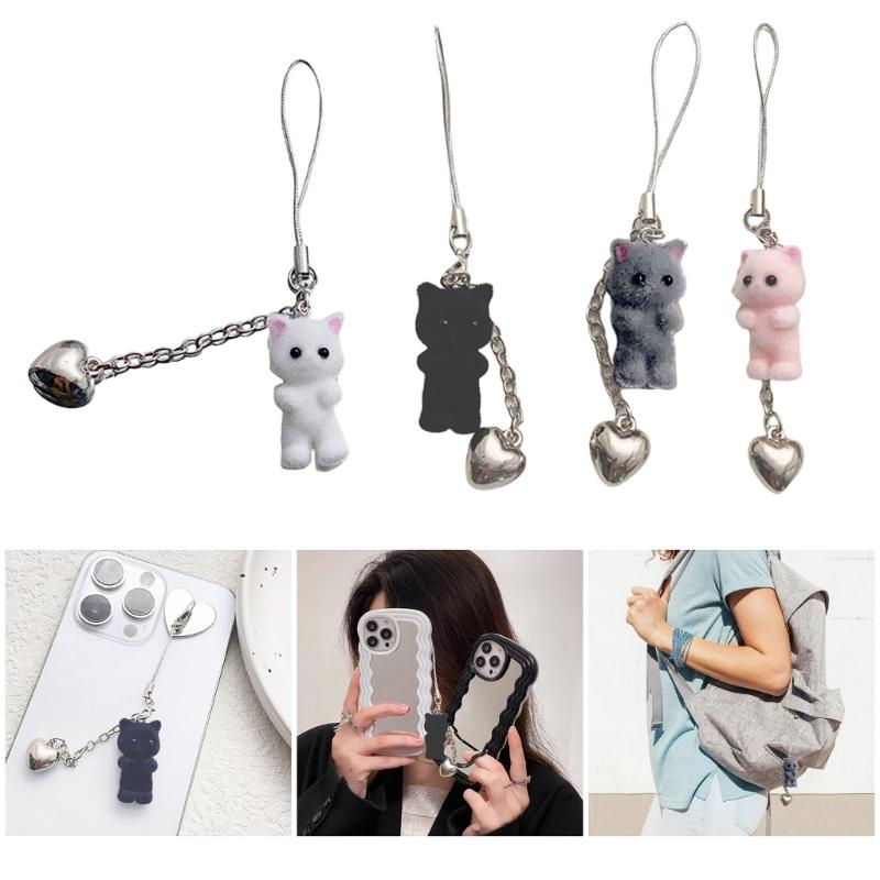 Fashion Flocking Cat Heart Pendant Phone Straps Lanyard Pocket Keychain Strap Backpack Charm Car Key Decoration