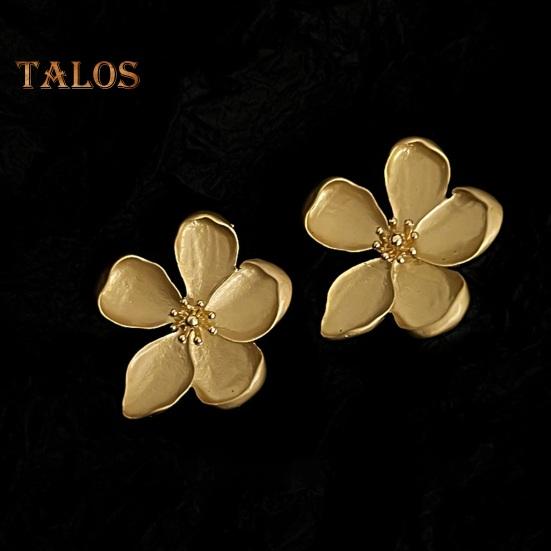 1 Pair Women Earrings 3D Flower Shape Retro Matt Golden Plate Solid Color Floral Stud Earrings Prom Dating Party Ear Jewelry