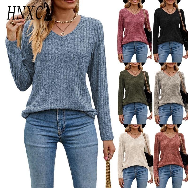 HNXC Kadın Modası Günlük Düz Renk Desen Uzun Kollu O Yaka Bluzlar ve Gömlekler