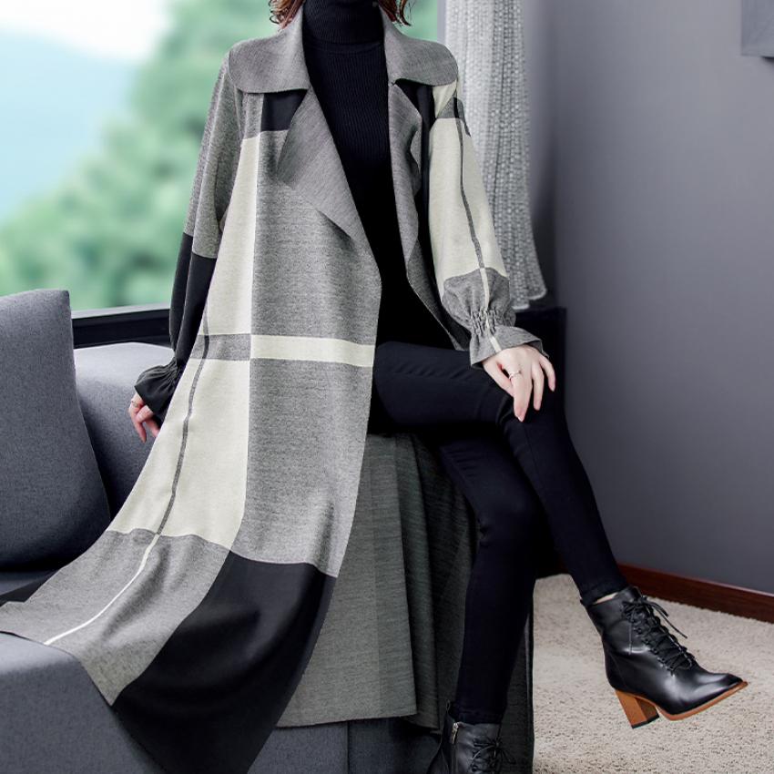 Φθινόπωρο Χειμώνας Γυναικείο Αδιάβροχο Μακρύ Παλτό Γυναικείο Παλτό Ανοιχτό Πλεκτό Καρό Παλτό