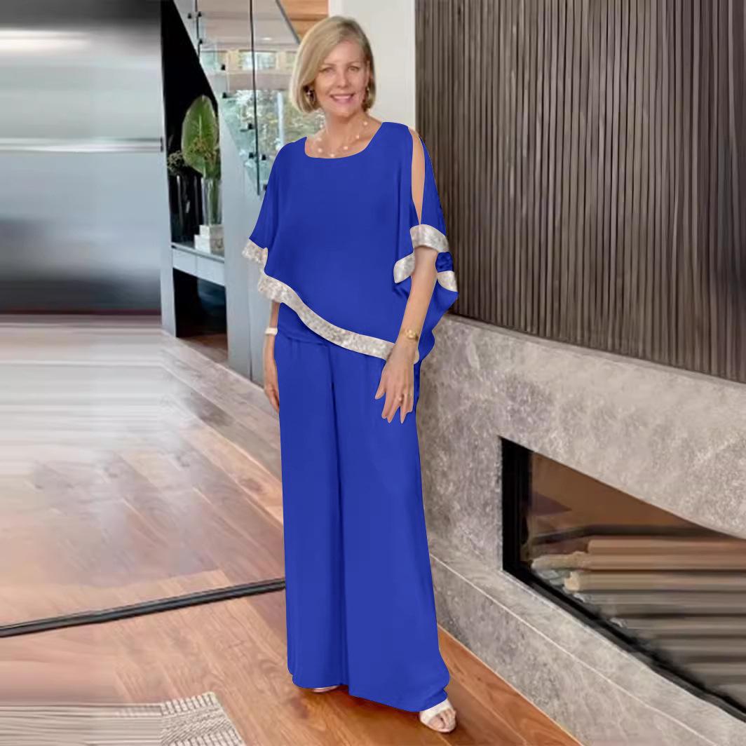 

Топ с рукавами «летучая мышь» и брюки широкого кроя с пайетками и цветными блоками, комплект весна/лето 2025 XXXL синий