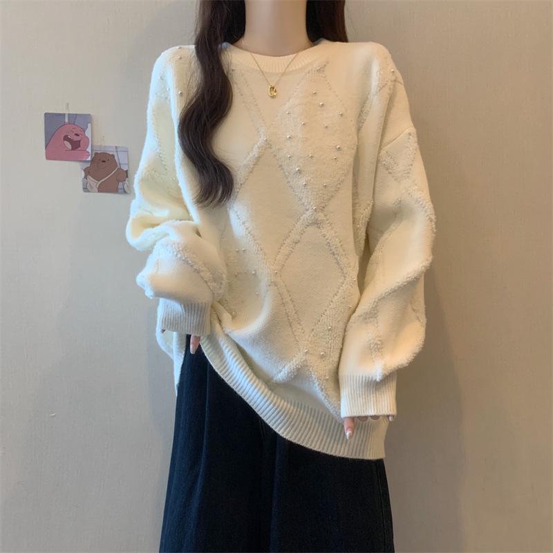 Women's White Beaded Rhombus Sweater - Loose Fit, Soft Knit, Cozy Autumn/Winter Korean Style