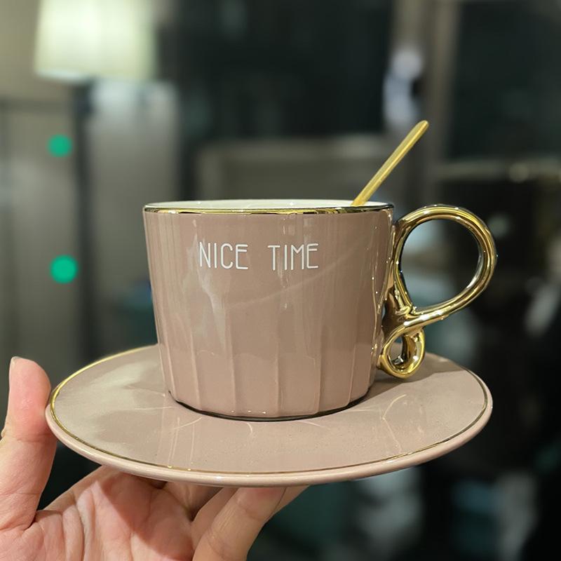Nordic Light Luxury Designer Coffee Cup with Gold-painted High Value Office Ceramic Cup and Saucer with Spoon
