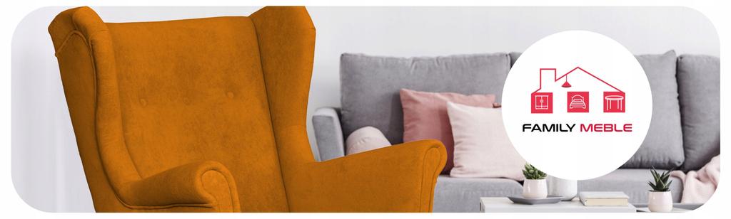 Fotel uszak z podnóżkiem skandynawski welur Hunter Family Meble musztardowy