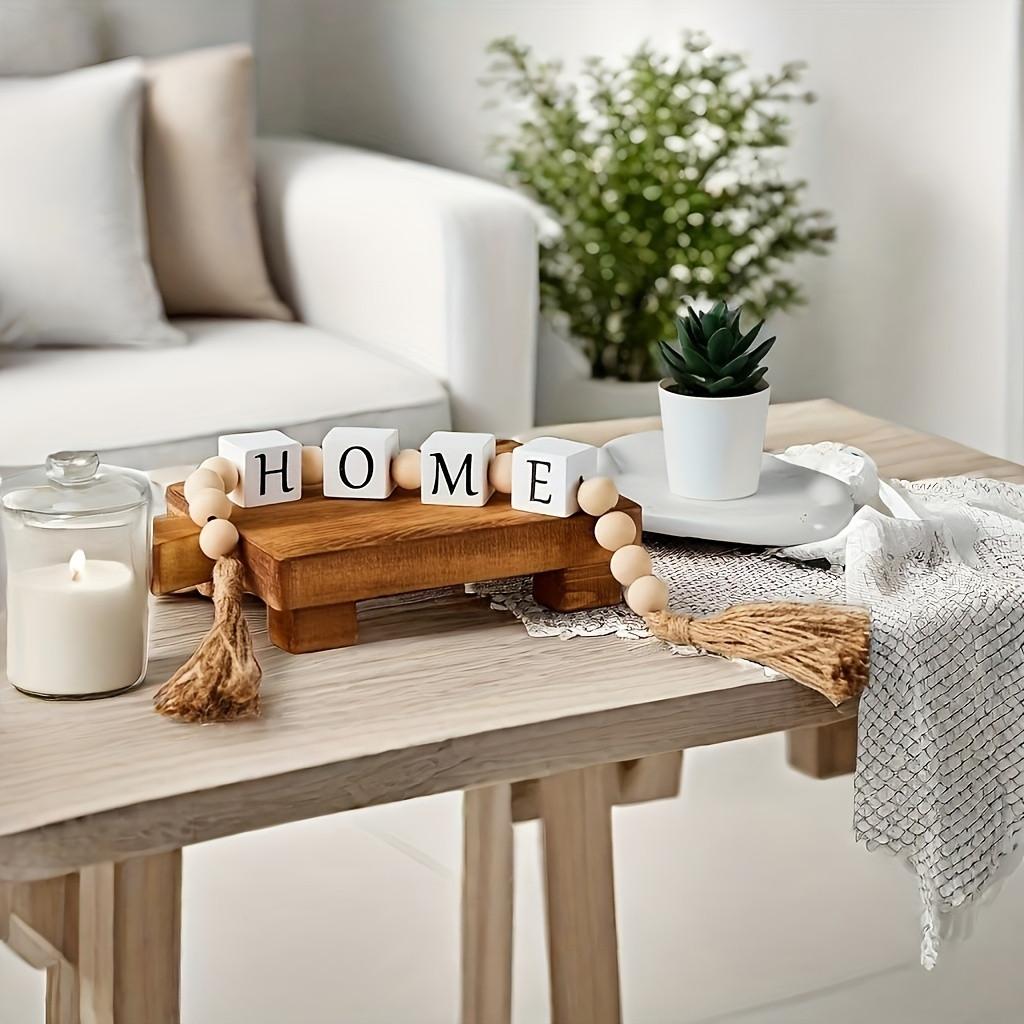 Rustic Style Letter Bead Tassel Garland Living Room Study Desk Wall Cabinet Bookshelf Window Tray Ornament Wooden Engraving Family Blessing Home