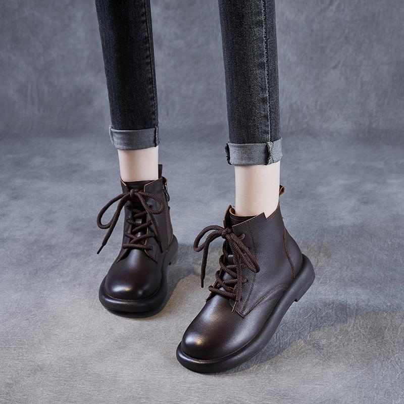 Genuine Leather Ankle Boots Women's Autumn and Winter New Vintage Short Boots Woman Soft Leather Boots Flat Leather Shoes Women