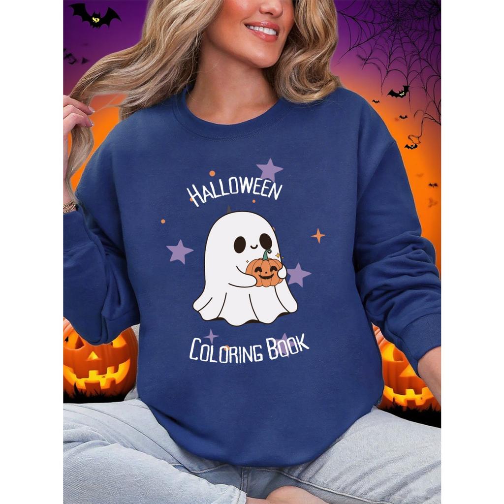 Halloween Coloring Book Printing Sweatshirts Women Winter Fleece Warm Hoodie O-Neck Loose Pullover Basics Sporty Womans Clothes